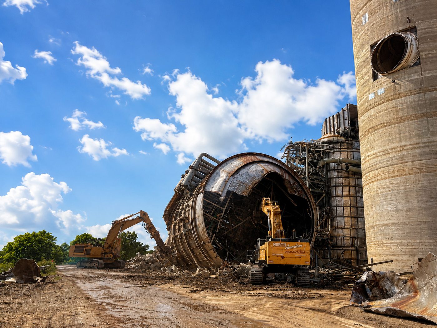 NADC excavator dismantling a large industrial tank under a clear sky