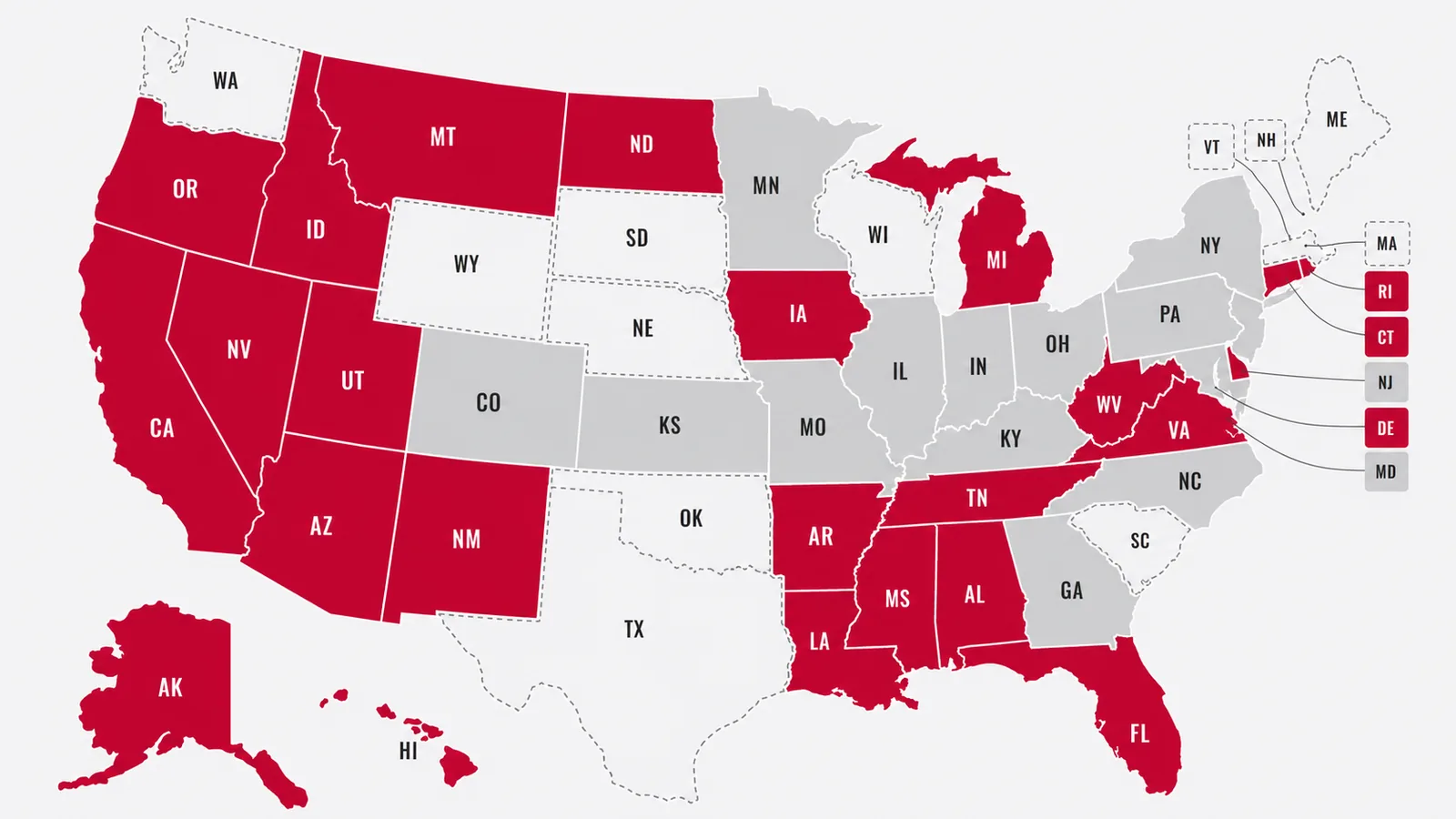 United States map of NADC licensing: state contractor licenses held in 24 states shown in red, states requiring only local permits in gray, and per-project licensing states in white