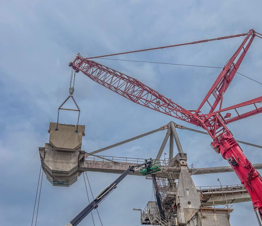 Crane pick of the concrete counterweights